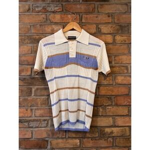 Diesel Mens Striped Ribbed Knit Polo Shirt Blue Brown White Size L